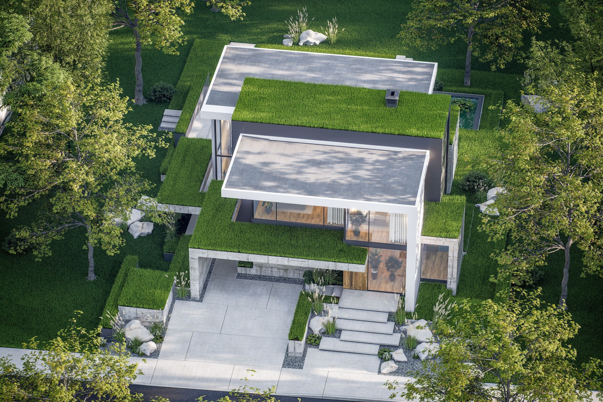 3d rendering of flat roof house with concrete facade in evening